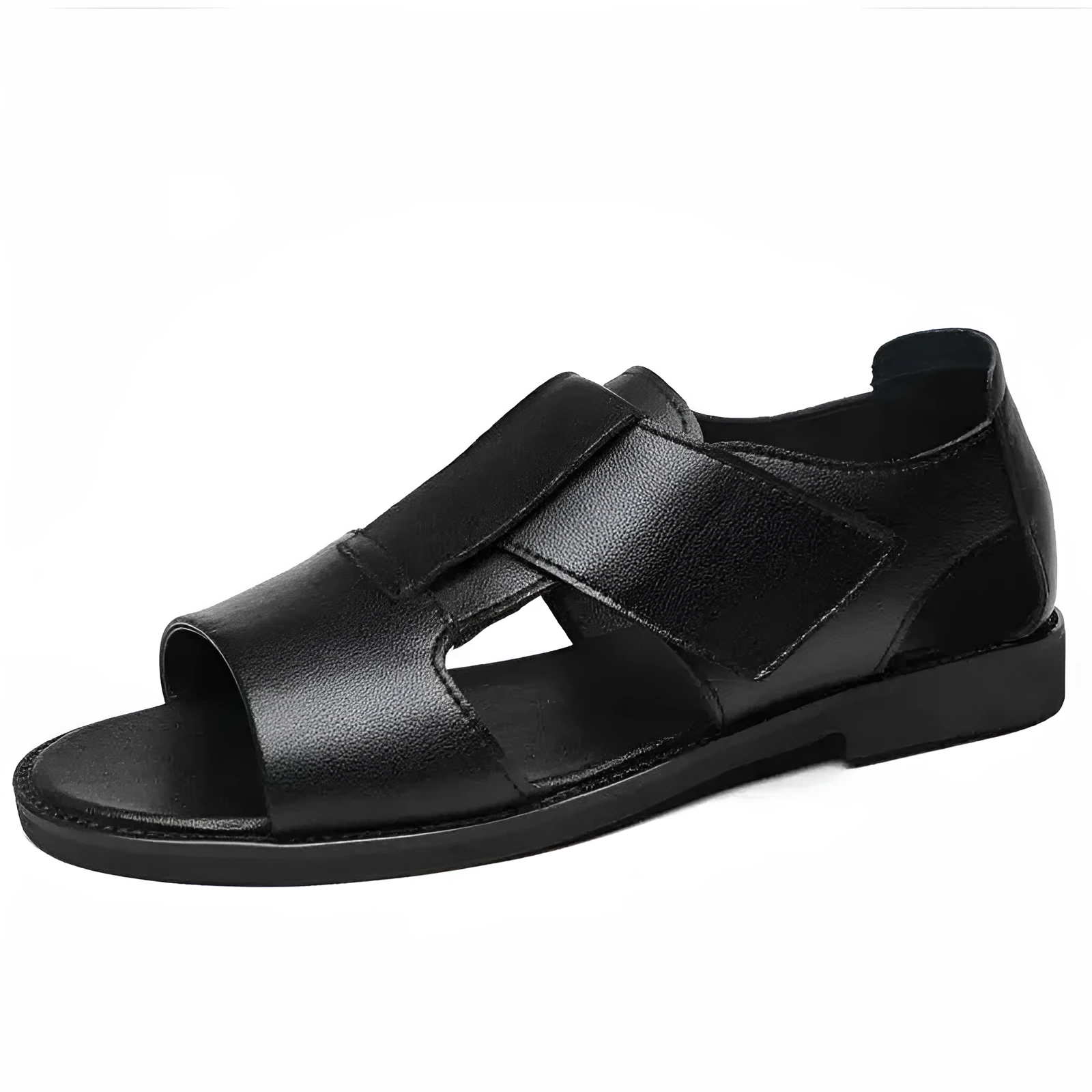 Men's black and brown leather Roman-style casual sandals with open toes and rubber soles
