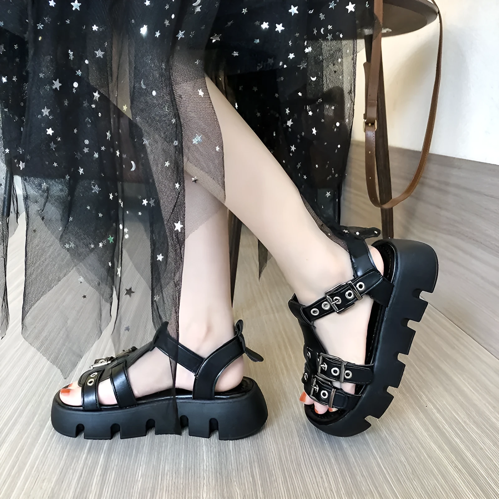 Women's platform sandals with PU upper and rubber sole in apricot colour flat open toe design