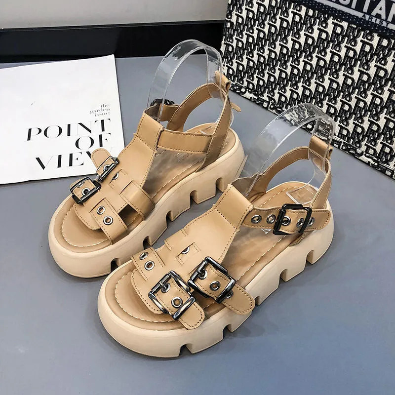 Women's platform sandals with PU upper and rubber sole in apricot colour flat open toe design