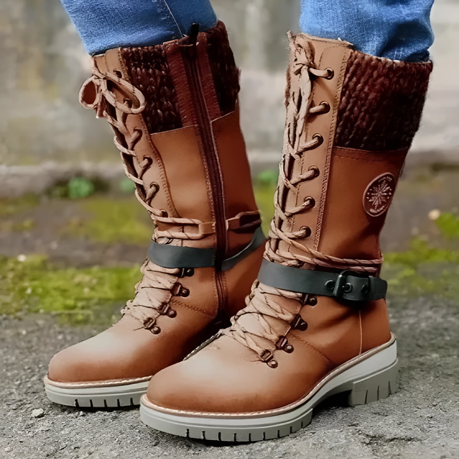 Women's brown mid boots with round toe square heel artificial pu upper and rubber sole