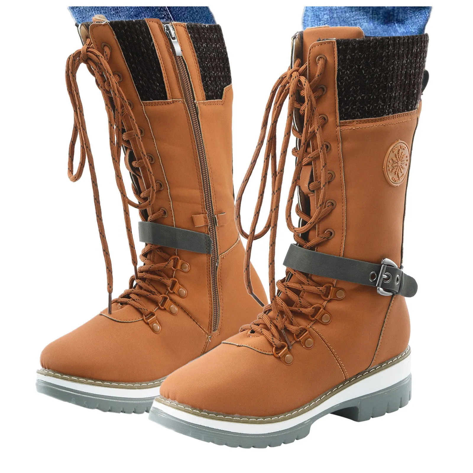Women's brown mid boots with round toe square heel artificial pu upper and rubber sole