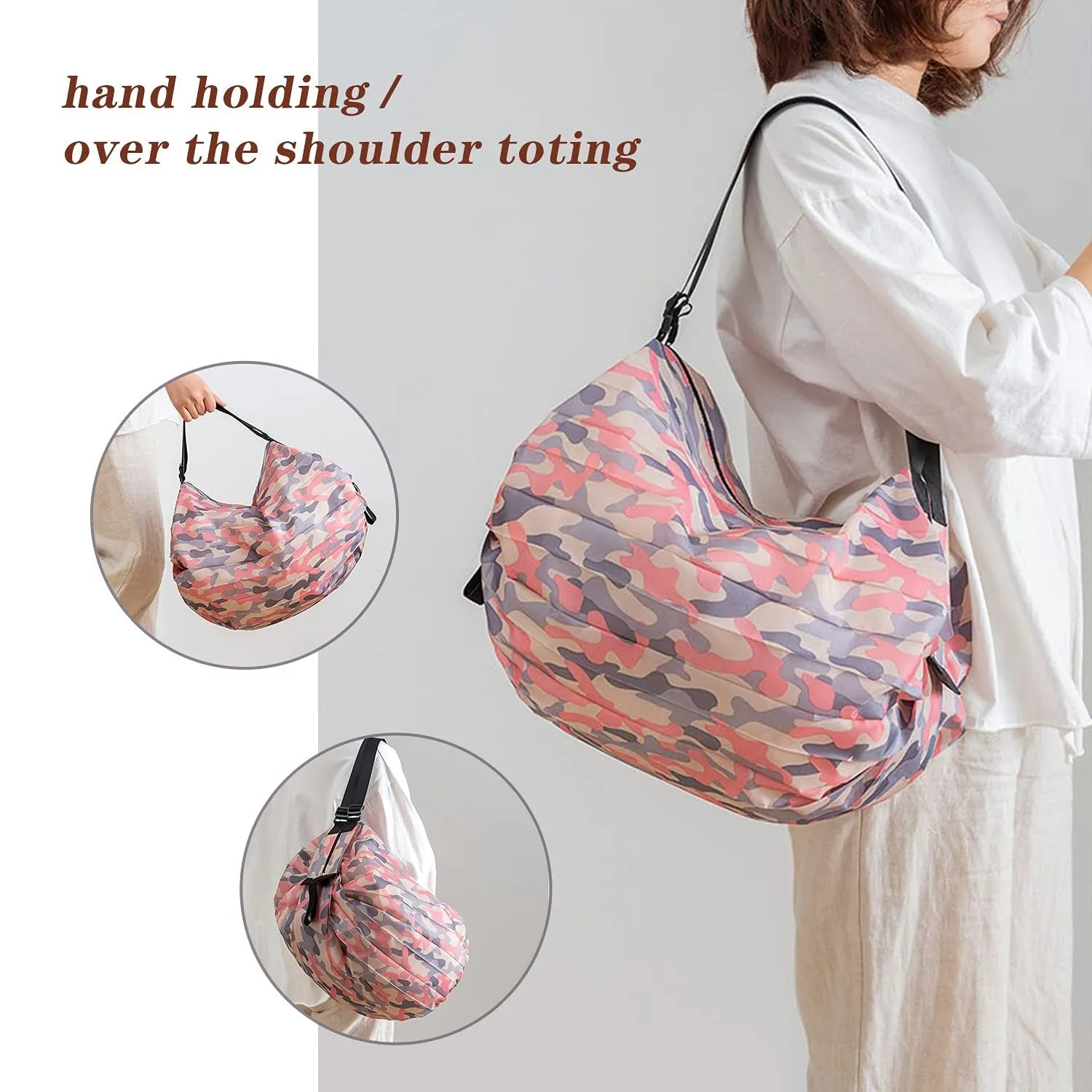 Large capacity foldable nylon shopping bag in beige yellow, open and full with groceries