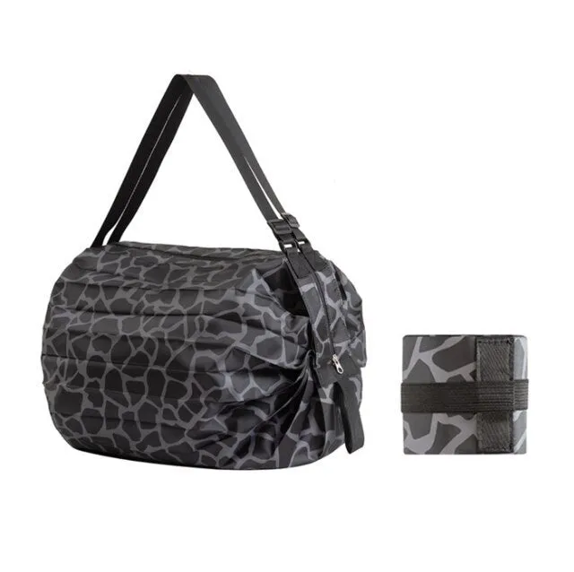 Large capacity foldable nylon shopping bag in beige yellow, open and full with groceries