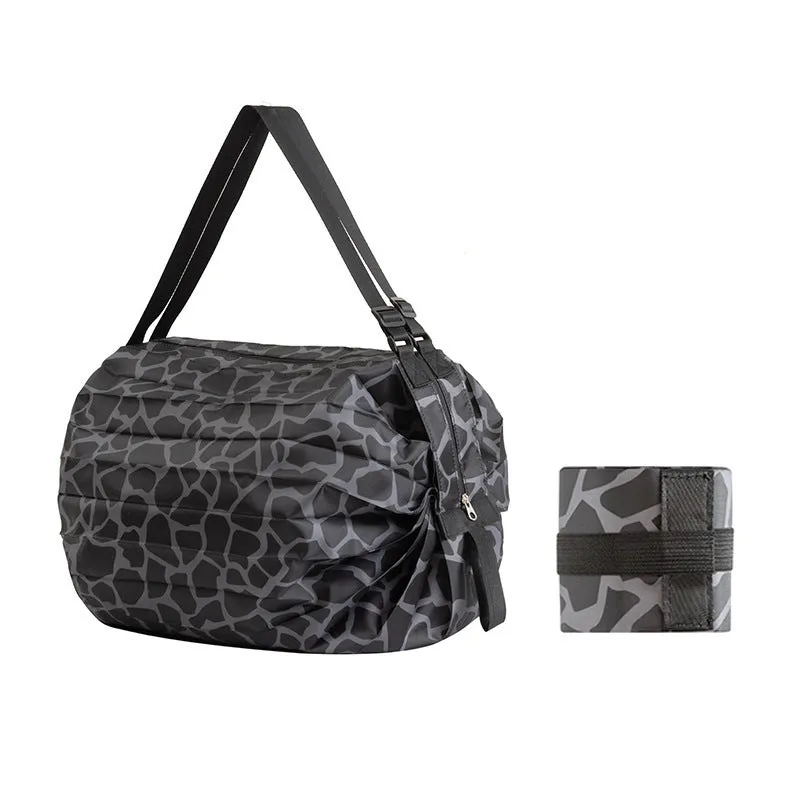 Large capacity foldable nylon shopping bag in beige yellow, open and full with groceries