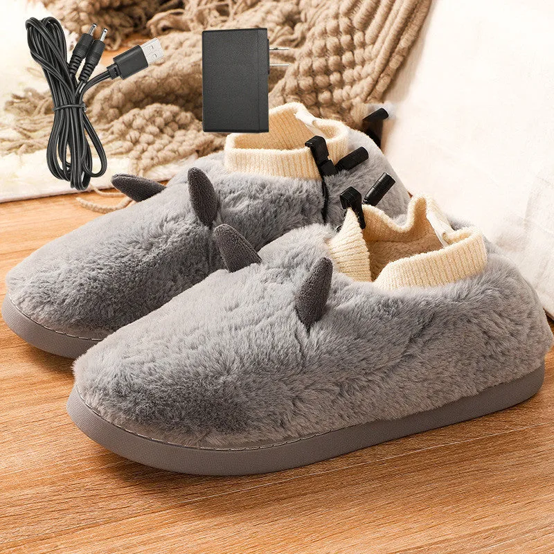 USB electric heating slippers in black, grey, green, or purple with a soft velvet upper and plastic sole.