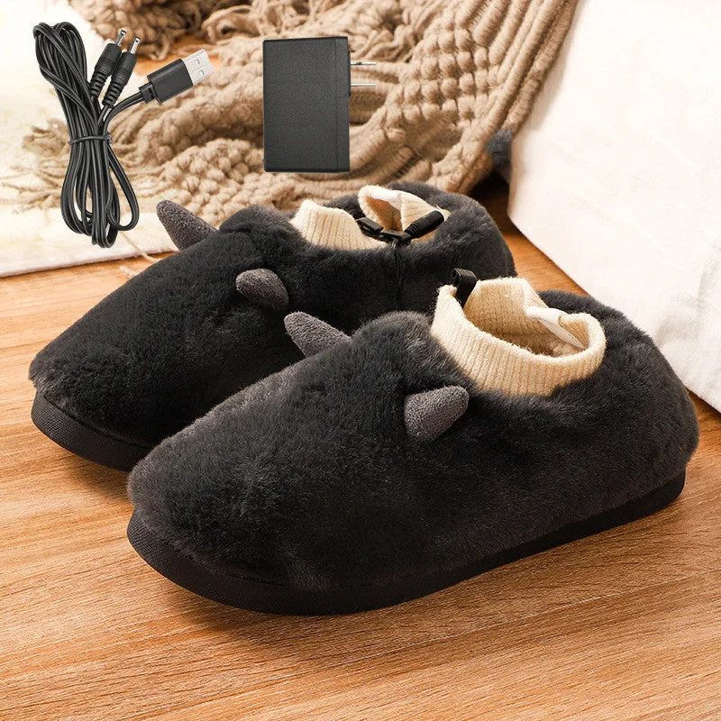 USB electric heating slippers in black, grey, green, or purple with a soft velvet upper and plastic sole.