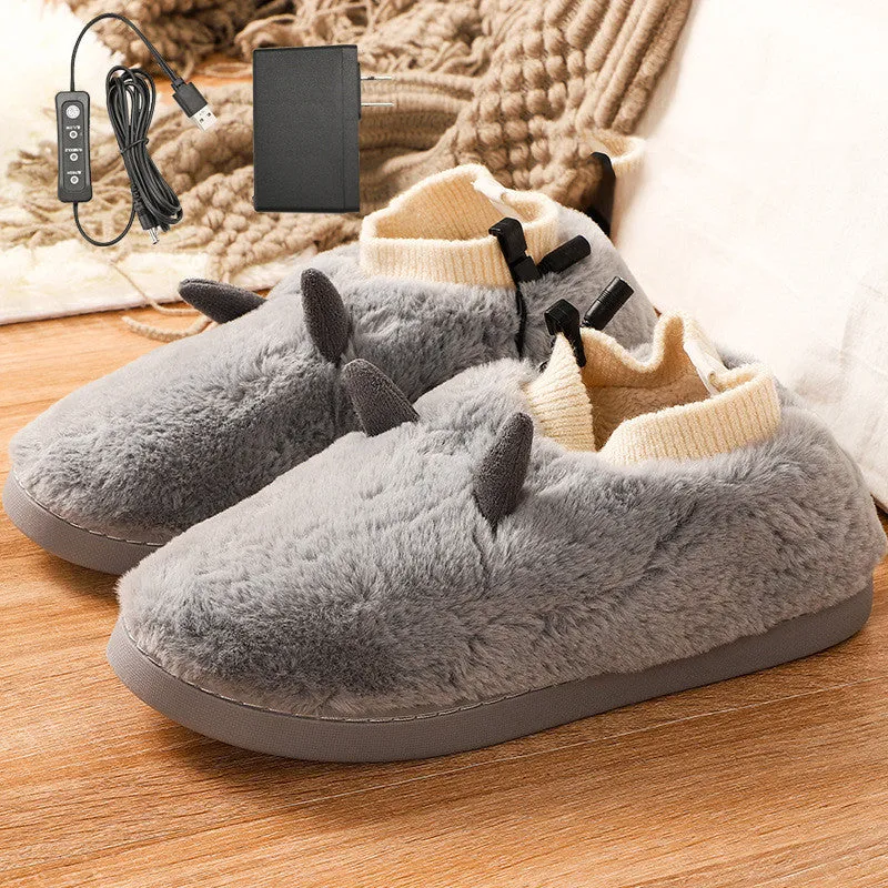 USB electric heating slippers in black, grey, green, or purple with a soft velvet upper and plastic sole.