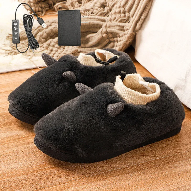 USB electric heating slippers in black, grey, green, or purple with a soft velvet upper and plastic sole.