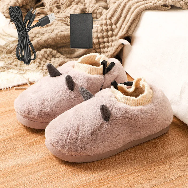 USB electric heating slippers in black, grey, green, or purple with a soft velvet upper and plastic sole.
