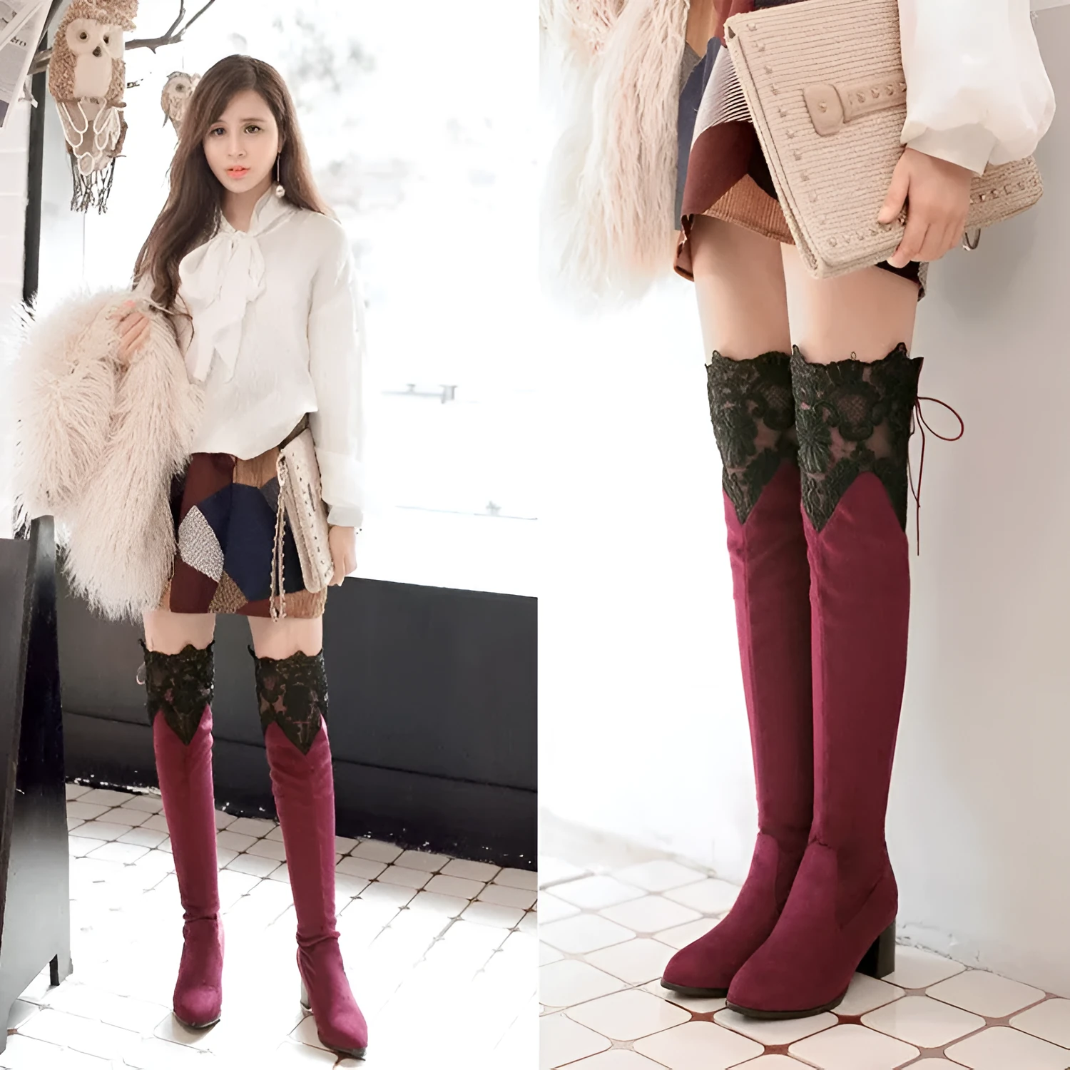 Women's over the knee stretch boots with inside hollow lace, pointed toe, thick heel, in black