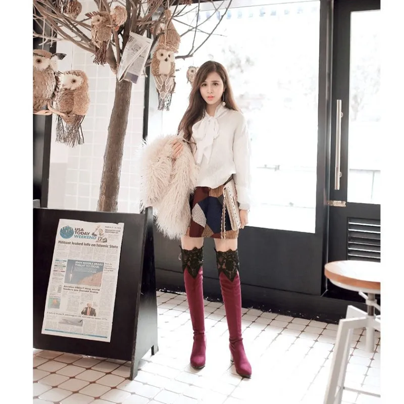 Women's over the knee stretch boots with inside hollow lace, pointed toe, thick heel, in black