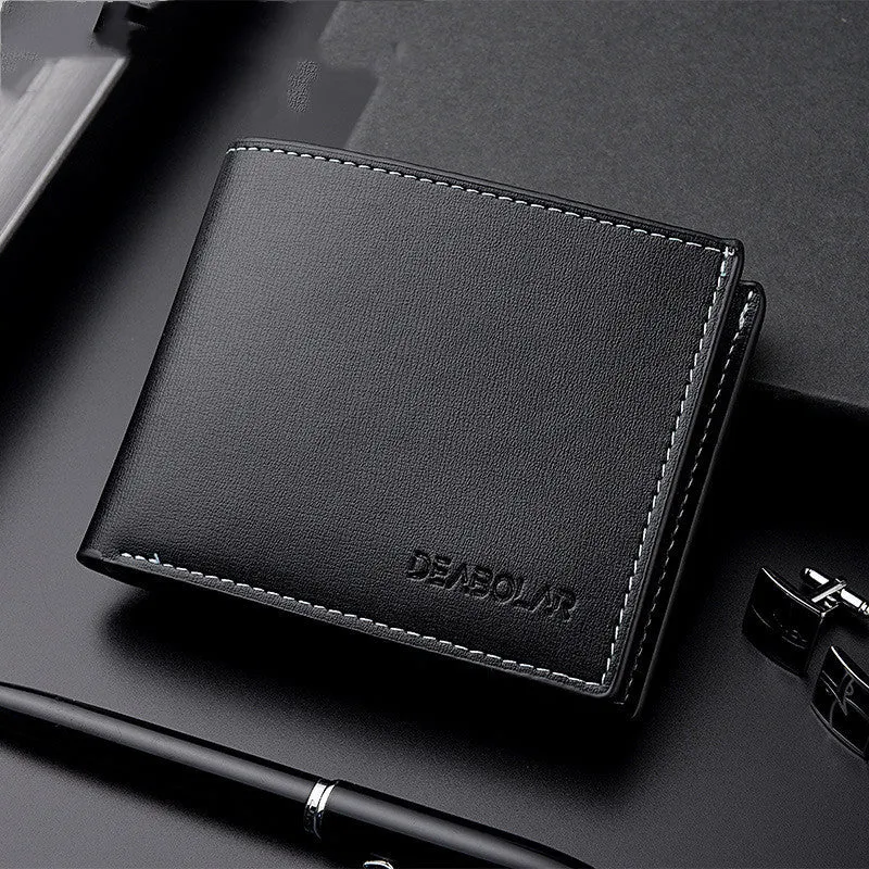 Men's PU leather two-fold short wallet with car suture design in black colour