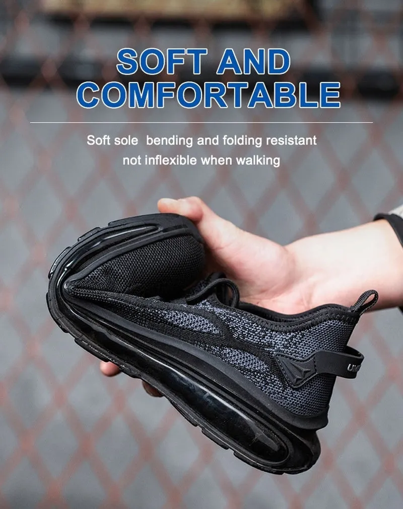 Lightweight breathable steel toe cap safety shoes in Black Gray with fly woven mesh upper and lace closure