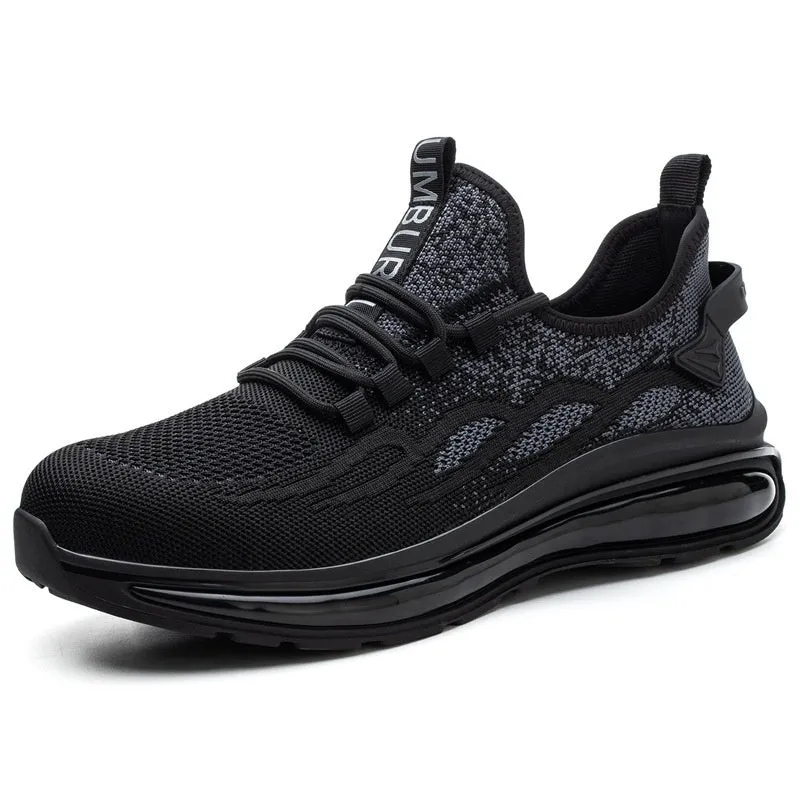 Lightweight breathable steel toe cap safety shoes in Black Gray with fly woven mesh upper and lace closure
