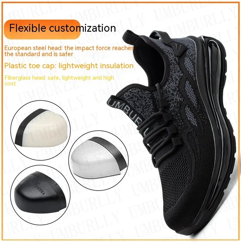 Lightweight breathable steel toe cap safety shoes in Black Gray with fly woven mesh upper and lace closure