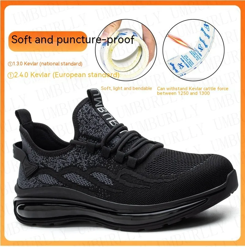 Lightweight breathable steel toe cap safety shoes in Black Gray with fly woven mesh upper and lace closure