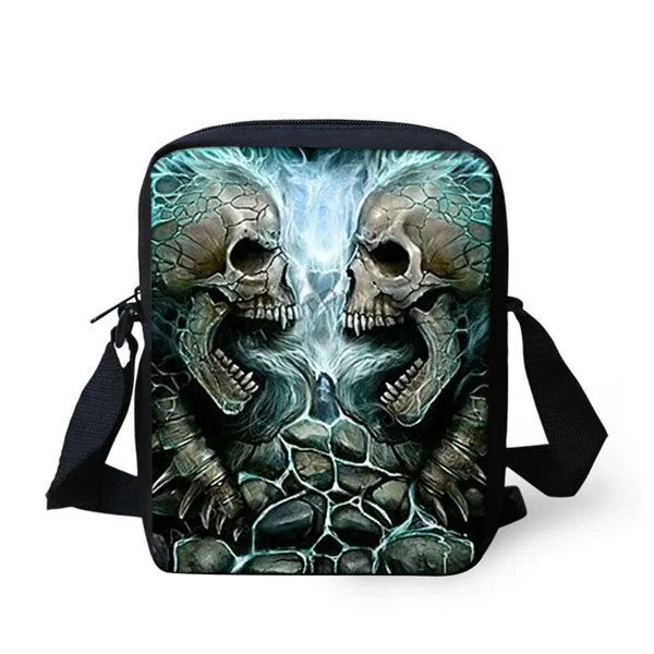 A medium-sized black children's messenger bag with a white skull print, showing double shoulder straps and a front zipper pocket.
