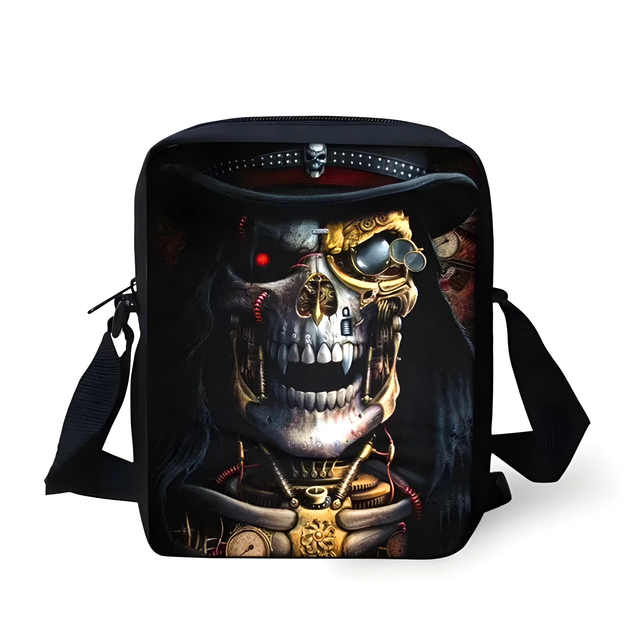 A medium-sized black children's messenger bag with a white skull print, showing double shoulder straps and a front zipper pocket.