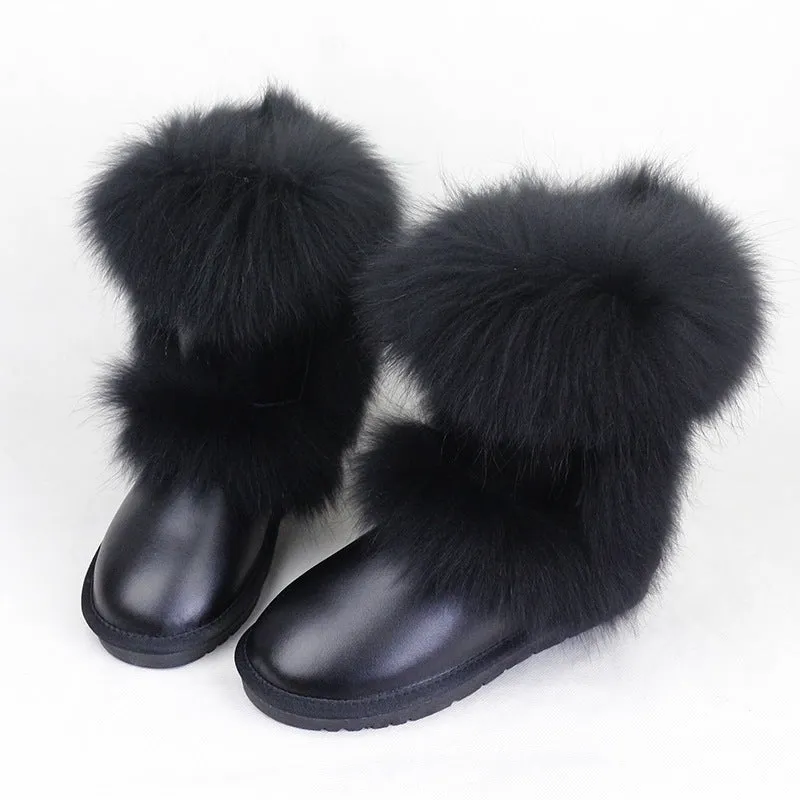 Women's winter mid-calf fox fur snow boots with flat heel in black original fur colour