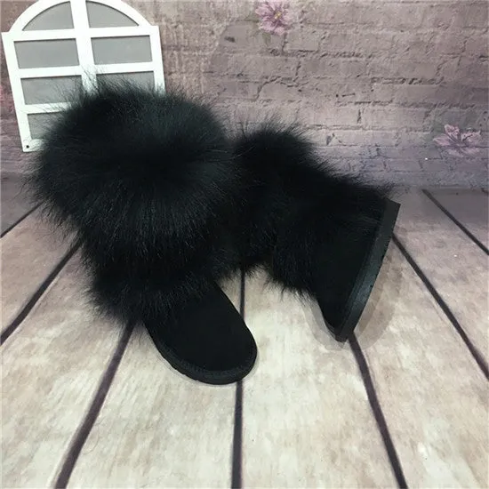 Women's winter mid-calf fox fur snow boots with flat heel in black original fur colour