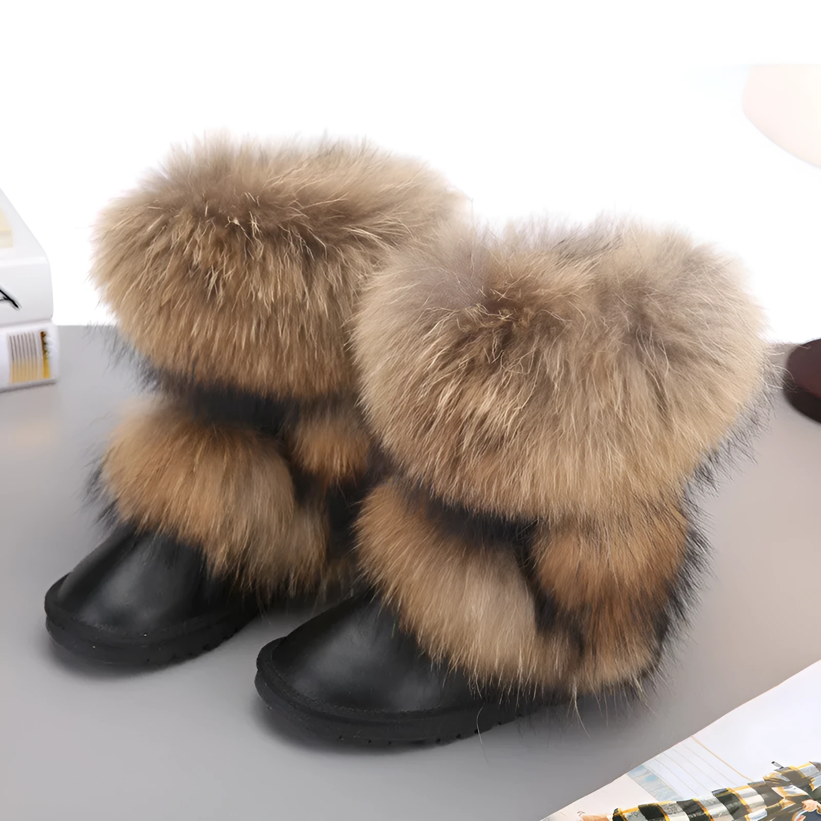 Women's winter mid-calf fox fur snow boots with flat heel in black original fur colour