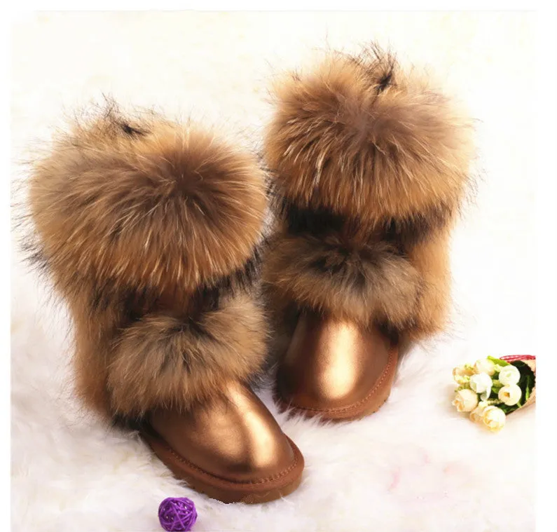 Women's winter mid-calf fox fur snow boots with flat heel in black original fur colour