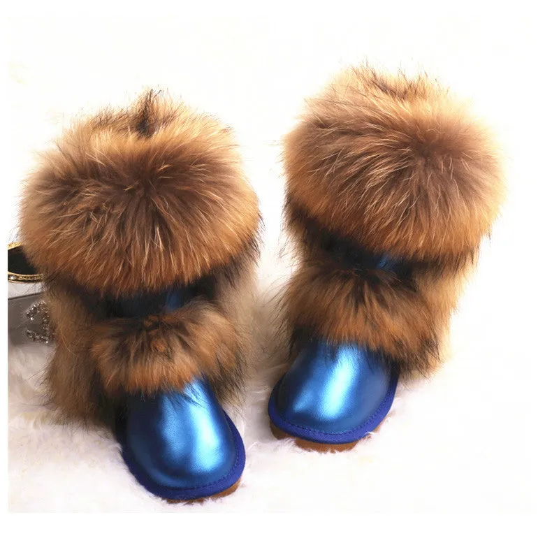 Women's winter mid-calf fox fur snow boots with flat heel in black original fur colour