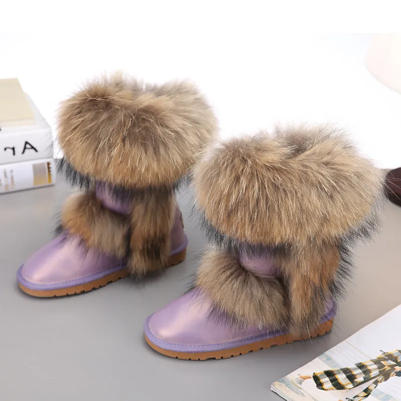 Women's winter mid-calf fox fur snow boots with flat heel in black original fur colour