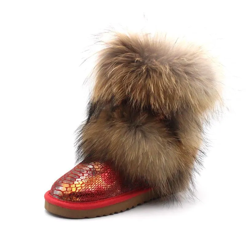 Women's winter mid-calf fox fur snow boots with flat heel in black original fur colour