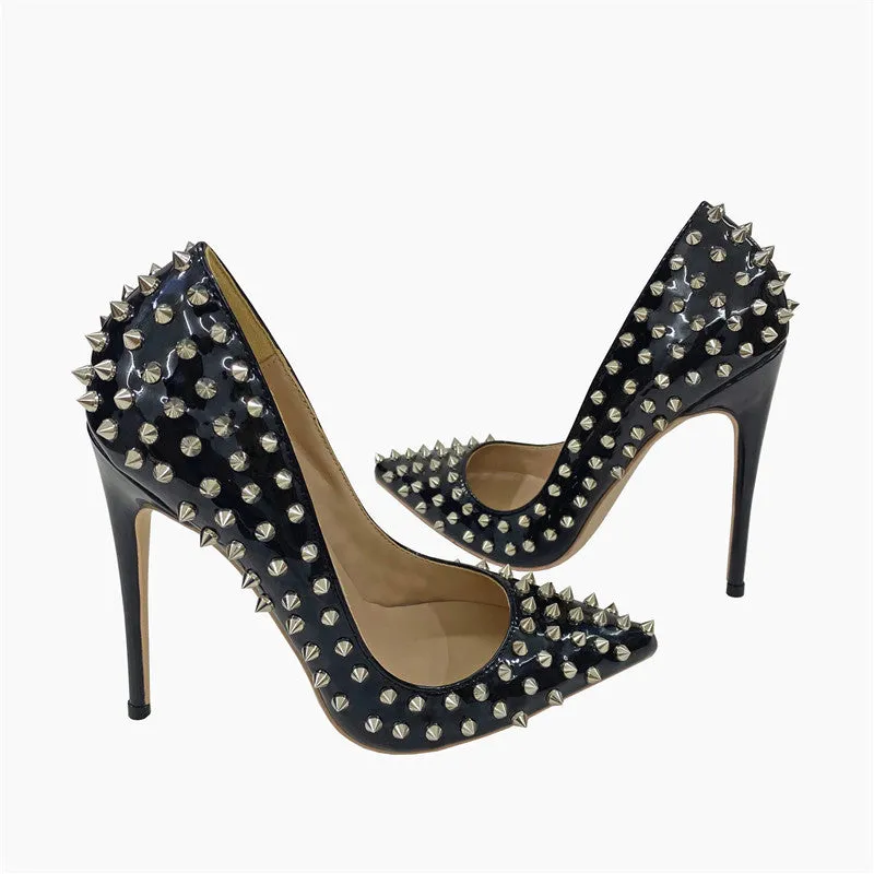 Women's black rivet high heels pointed stiletto low-cut PU shoes with 12CM super high heel and shallow mouth design