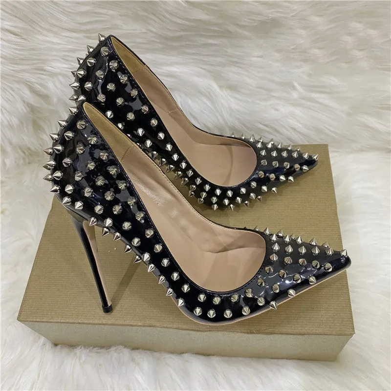 Women's black rivet high heels pointed stiletto low-cut PU shoes with 12CM super high heel and shallow mouth design