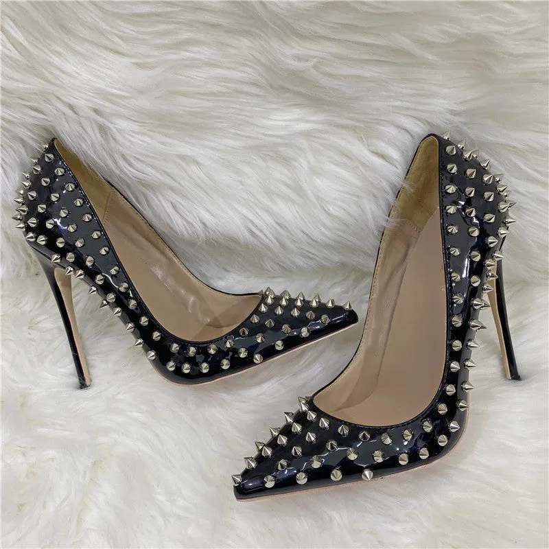 Women's black rivet high heels pointed stiletto low-cut PU shoes with 12CM super high heel and shallow mouth design