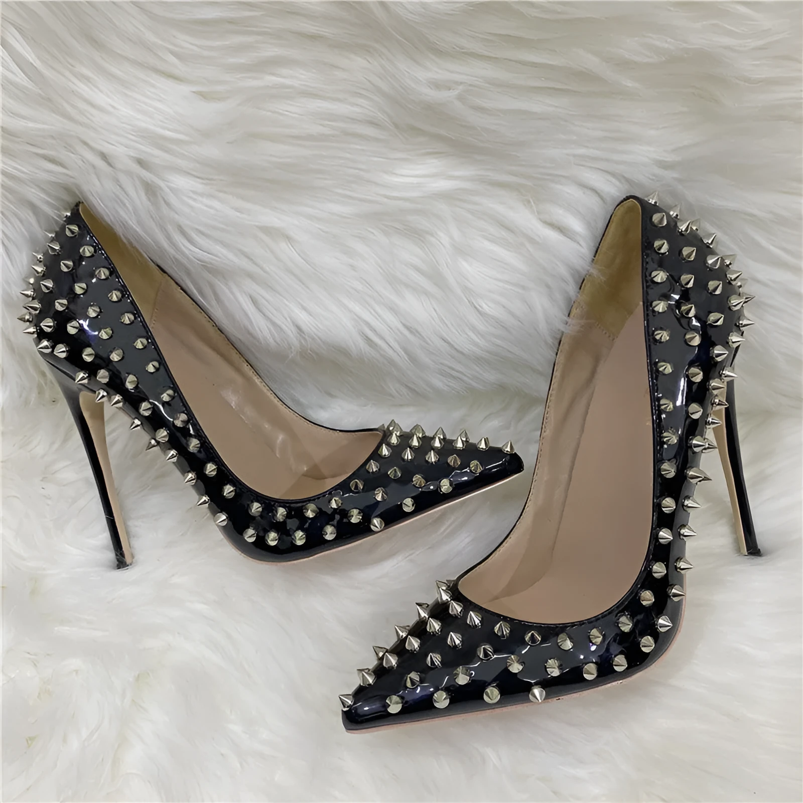 Women's black rivet high heels pointed stiletto low-cut PU shoes with 12CM super high heel and shallow mouth design