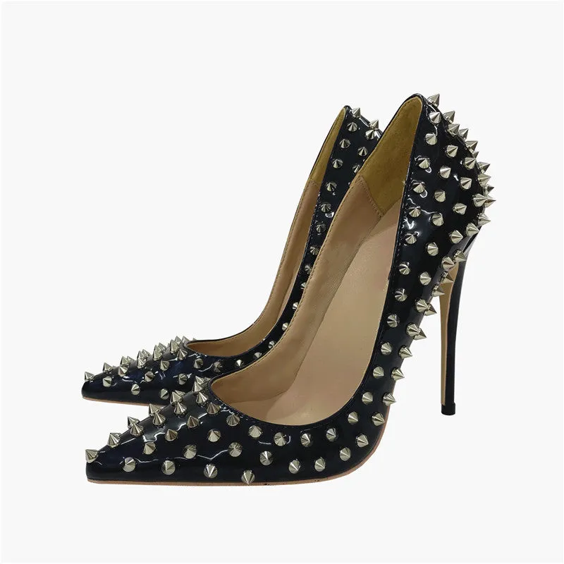 Women's black rivet high heels pointed stiletto low-cut PU shoes with 12CM super high heel and shallow mouth design