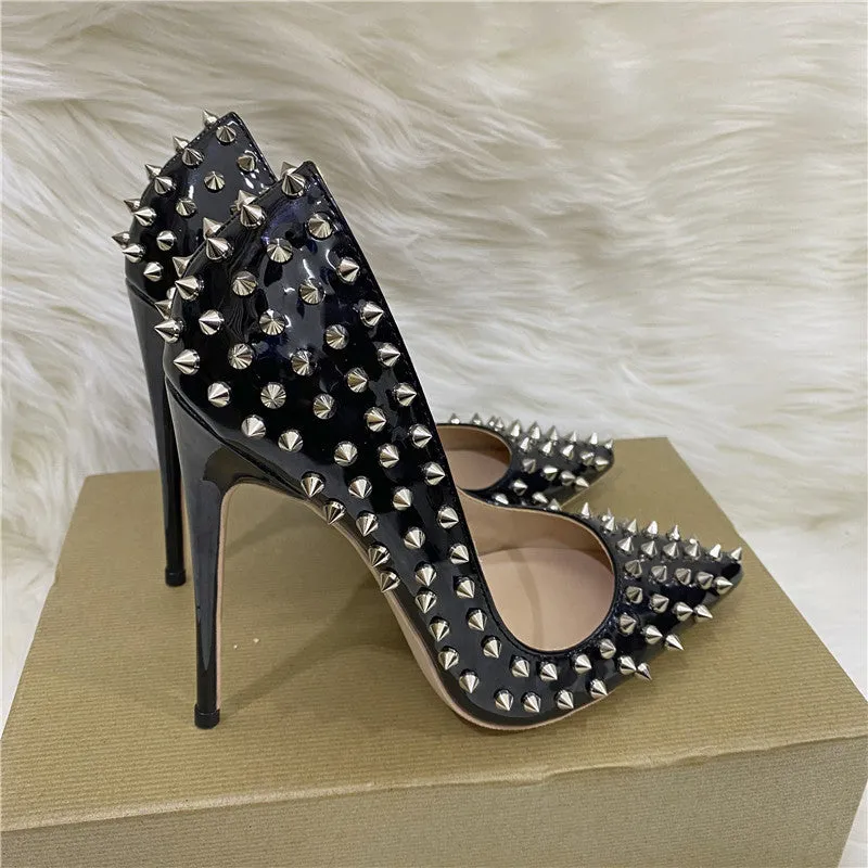 Women's black rivet high heels pointed stiletto low-cut PU shoes with 12CM super high heel and shallow mouth design