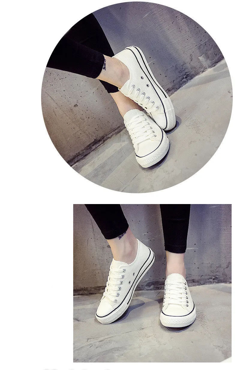Women's canvas casual shoes in solid colours showing black, white black, white red, and all black options