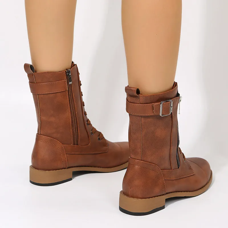 Women's Lace-up Western Boots Cowboy Boots with Side Zipper Martin Boots in Black Brown Grey Rubber Sole Low Heel Breathable Round Toe Thick Heel