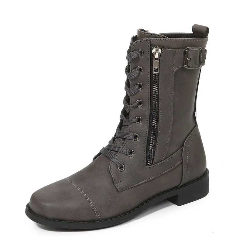 Women's Lace-up Western Boots Cowboy Boots with Side Zipper Martin Boots in Black Brown Grey Rubber Sole Low Heel Breathable Round Toe Thick Heel