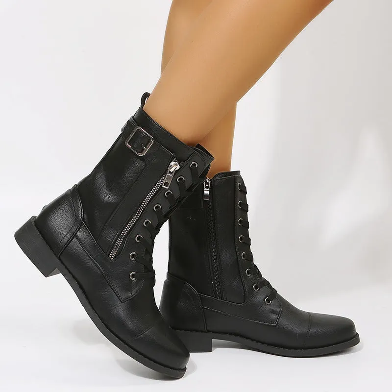 Women's Lace-up Western Boots Cowboy Boots with Side Zipper Martin Boots in Black Brown Grey Rubber Sole Low Heel Breathable Round Toe Thick Heel