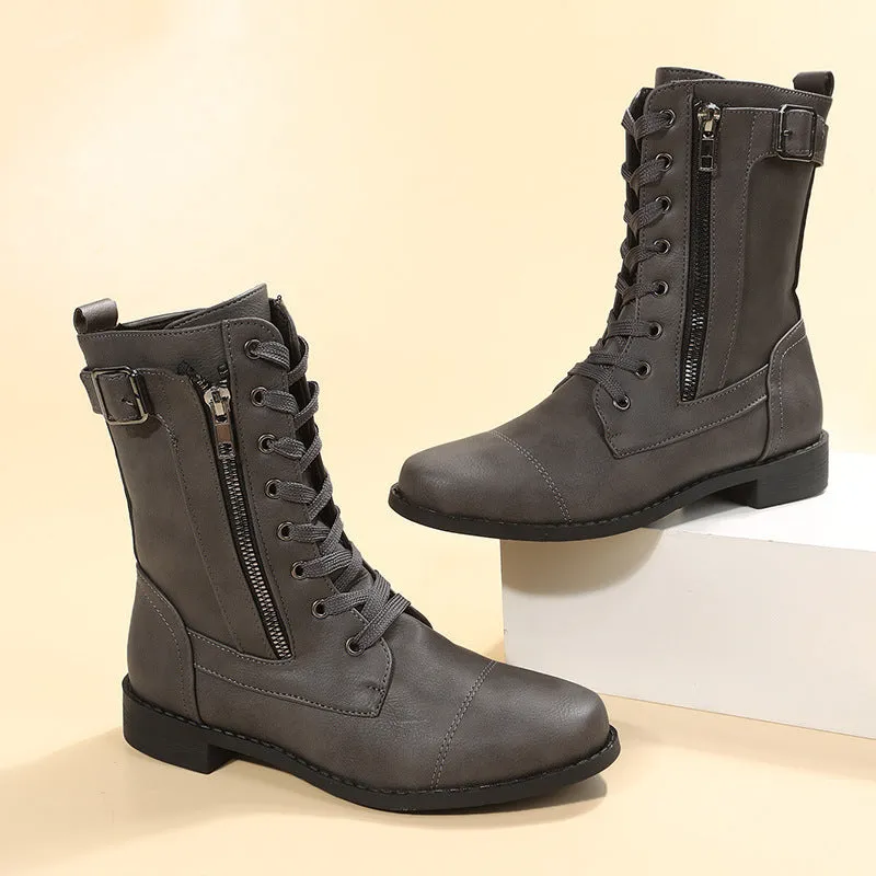 Women's Lace-up Western Boots Cowboy Boots with Side Zipper Martin Boots in Black Brown Grey Rubber Sole Low Heel Breathable Round Toe Thick Heel