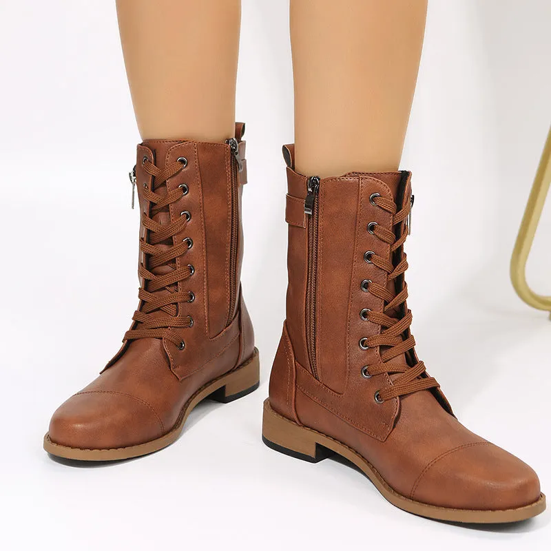 Women's Lace-up Western Boots Cowboy Boots with Side Zipper Martin Boots in Black Brown Grey Rubber Sole Low Heel Breathable Round Toe Thick Heel