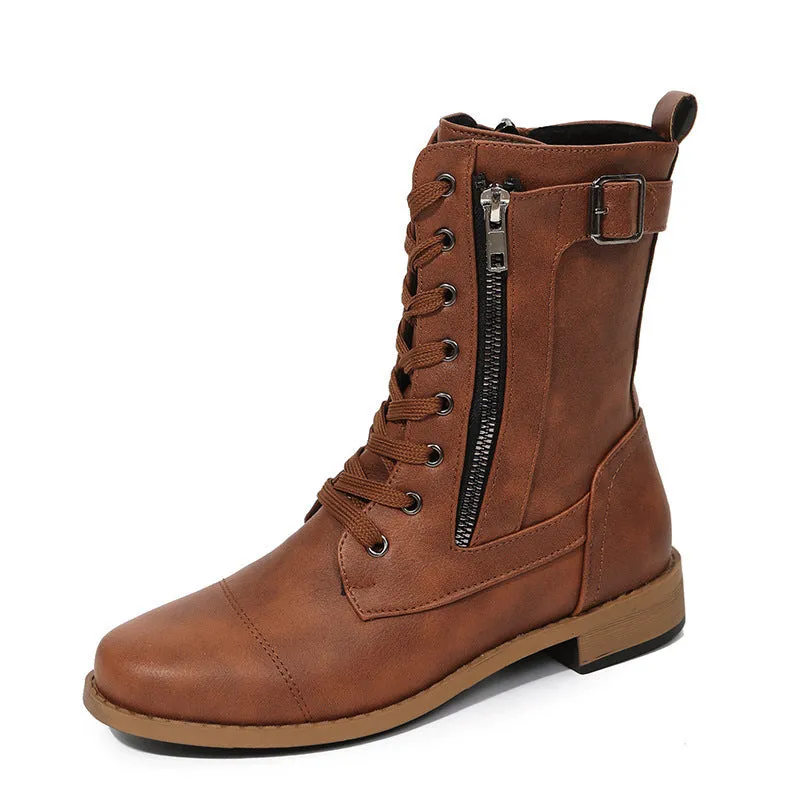 Women's Lace-up Western Boots Cowboy Boots with Side Zipper Martin Boots in Black Brown Grey Rubber Sole Low Heel Breathable Round Toe Thick Heel