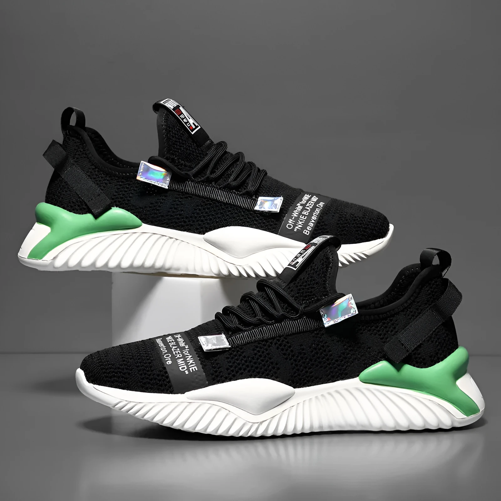 Men's breathable casual mesh shoes in black with flying woven upper and rubber sole