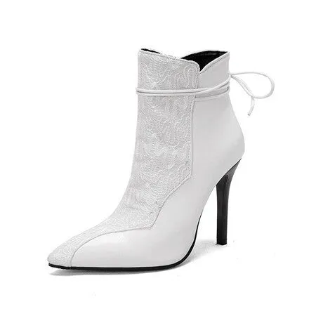 Women's pointed toe knight boots with 11cm stiletto heel, low tube ankle, and side zipper in black, brown, and white