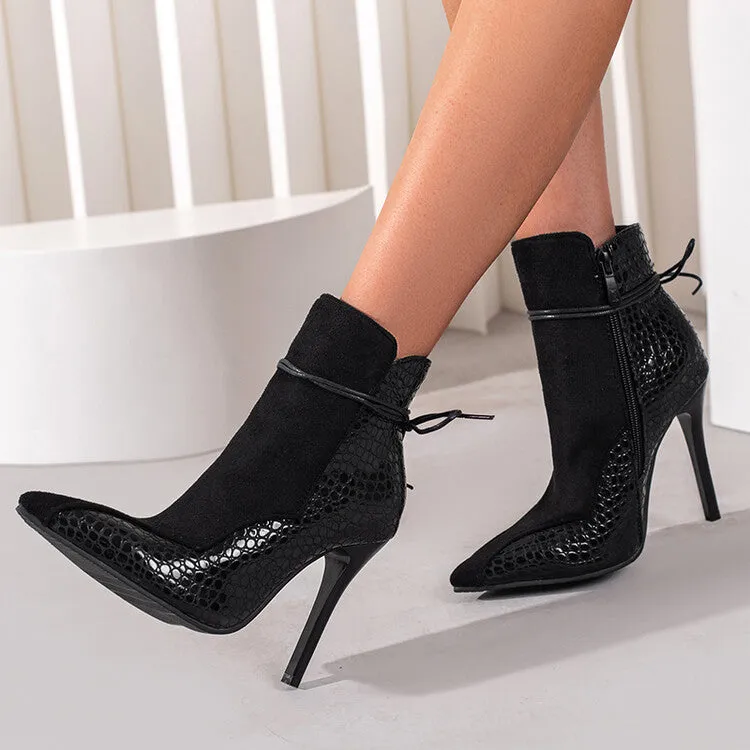 Women's pointed toe knight boots with 11cm stiletto heel, low tube ankle, and side zipper in black, brown, and white