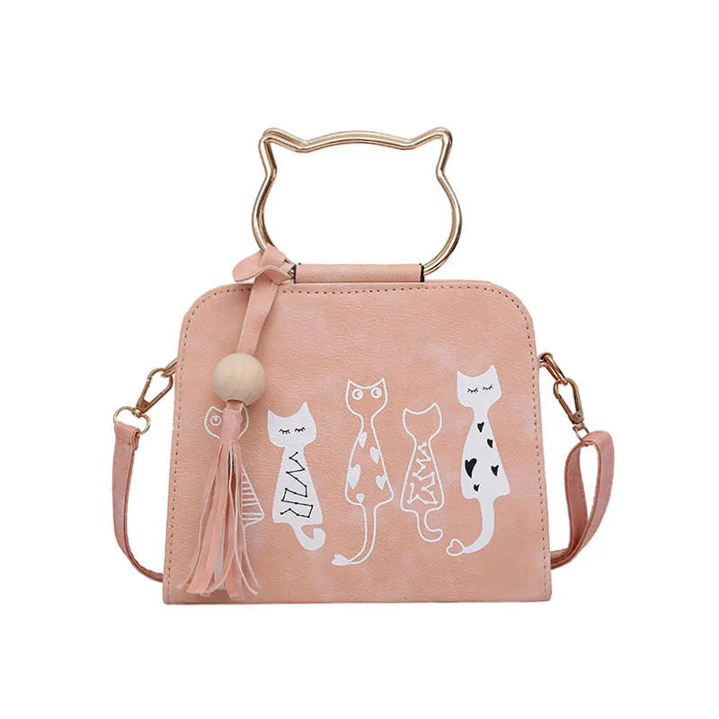 Women's small square cat cross-body handbag in PU fabric with zipper closure, Korean style, available in multiple colours