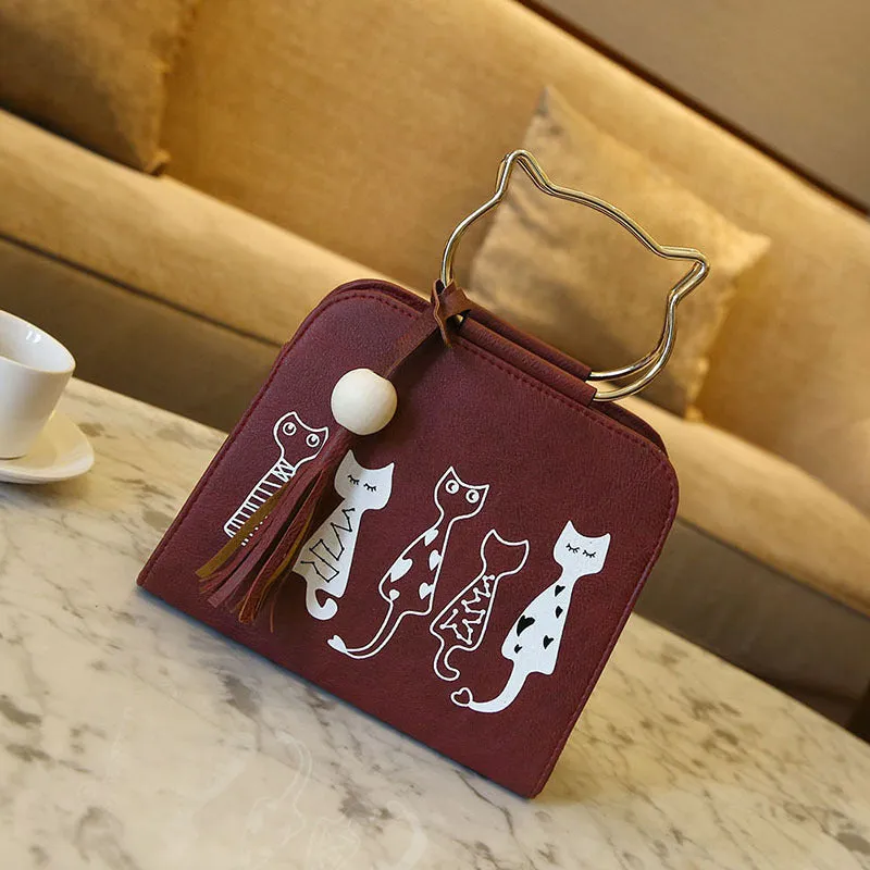 Women's small square cat cross-body handbag in PU fabric with zipper closure, Korean style, available in multiple colours