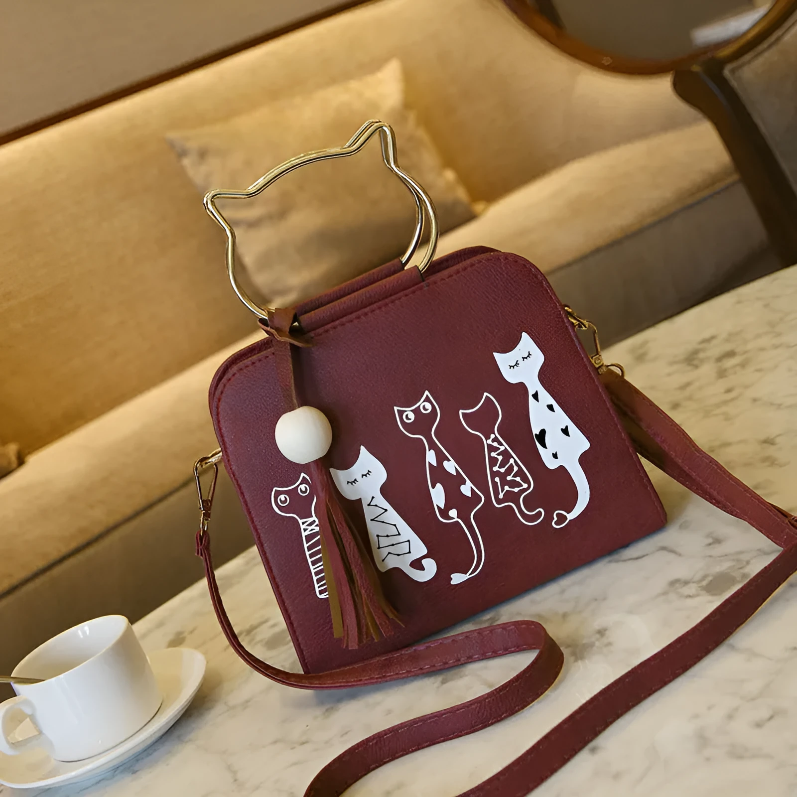 Women's small square cat cross-body handbag in PU fabric with zipper closure, Korean style, available in multiple colours