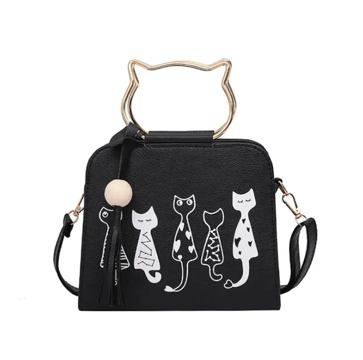 Women's small square cat cross-body handbag in PU fabric with zipper closure, Korean style, available in multiple colours