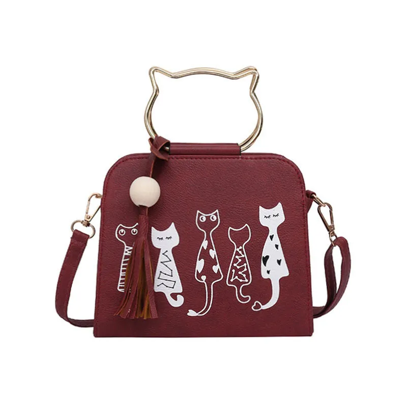 Women's small square cat cross-body handbag in PU fabric with zipper closure, Korean style, available in multiple colours